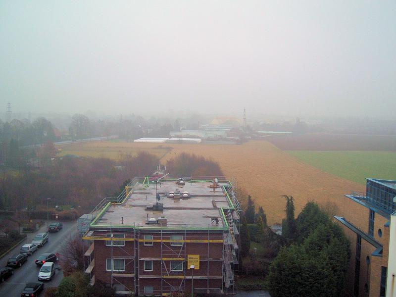 Foggy view over Büderich from our high-rise, facing Düsseldorf