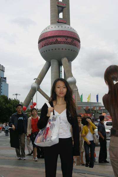 Coco in front of Oriental Pearl TV Tower, Shanghai